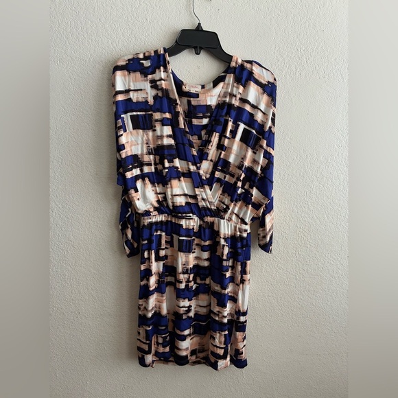 Parker Blouson Catalina Dress Stretch Drape Faux Wrap Watercolor Dolman Sleeve S - Picture 4 of 16